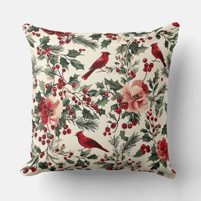 Rustic Bird en Poinsettia kerstpatroon (14) Kussen (Voorkant)