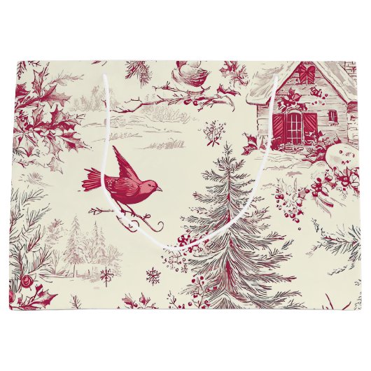 Rustic Bird en Poinsettia kerstpatroon (17) Groot Cadeauzakje (Voorkant)