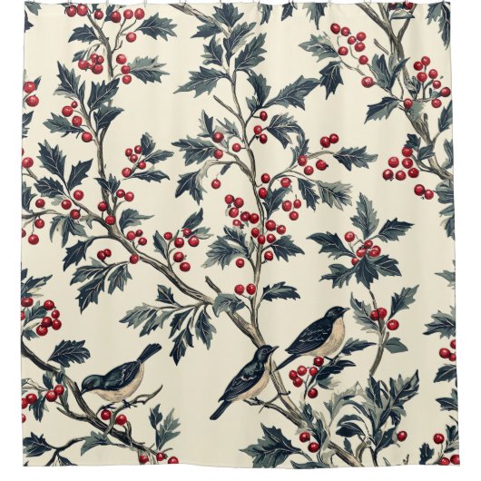 Rustic Bird en Poinsettia kerstpatroon (18) Douchegordijn (Voorkant)