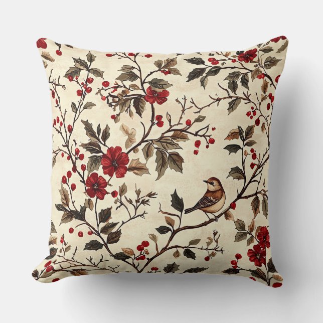 Rustic Bird en Poinsettia kerstpatroon (22) Kussen (Voorkant)