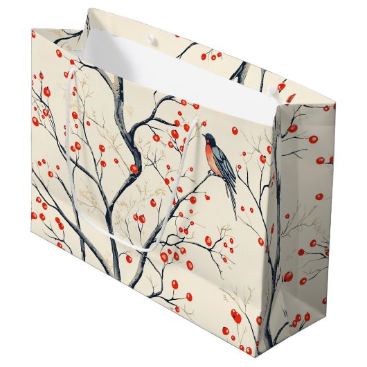 Rustic Bird en Poinsettia kerstpatroon (2) Groot Cadeauzakje (Voorkant Gekanteld)