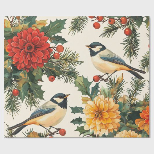 Rustic Bird en Poinsettia kerstpatroon (9) Cadeaupapier (Vlak)