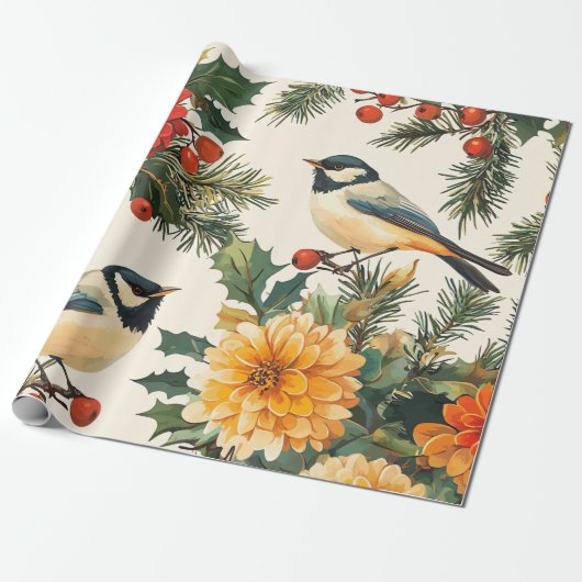Rustic Bird en Poinsettia kerstpatroon (9) Cadeaupapier (Uitgerold)
