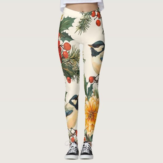 Rustic Bird en Poinsettia kerstpatroon (9) Leggings (Voorkant)