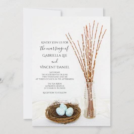Rustic Bird Nest Blue Eggs Pussy Willows Wedding Kaart (Voorkant)