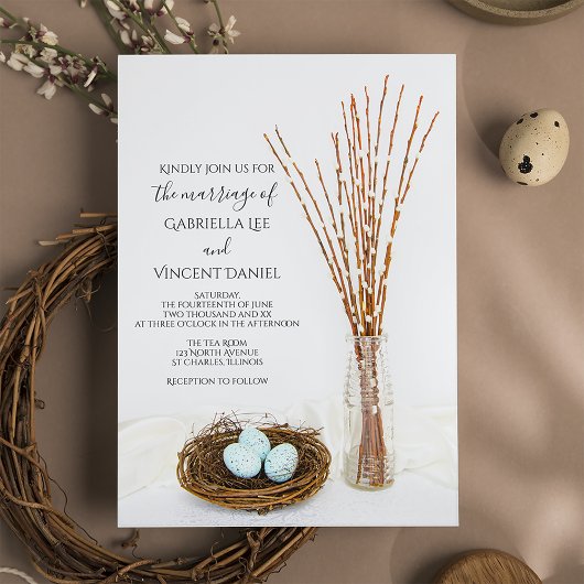 Rustic Bird Nest Blue Eggs Pussy Willows Wedding Kaart