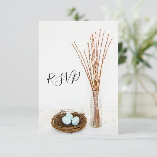 Rustic Bird Nest, Eggs, Pussy Willow Wedding RSVP (Staand voorkant)