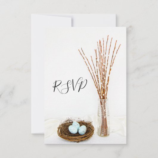 Rustic Bird Nest, Eggs, Pussy Willow Wedding RSVP Kaartje (Voorkant)