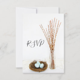 Rustic Bird Nest, Eggs, Pussy Willow Wedding RSVP Kaartje