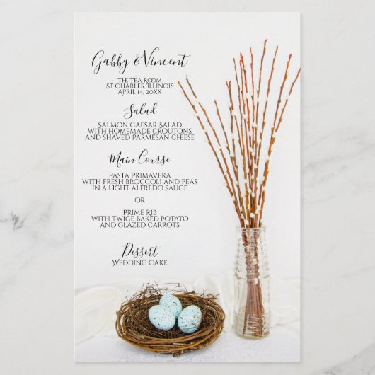 Rustic Bird Nest, Eggs, Pussy Willows Wedding Menu (Voorkant)