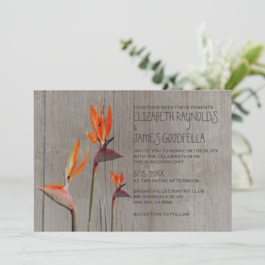 Rustic Bird of Paradise Wedding Invitation Kaart (Staand voorkant)