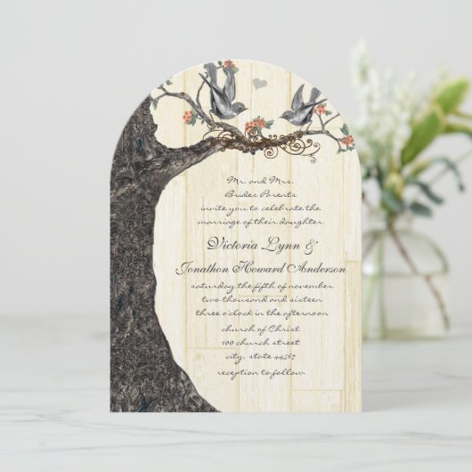 Rustic Birdcage Peach  Lovebird Wedding Kaart (Staand voorkant)