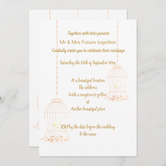 RUSTIC BIRDCAGE WHITE GOLD CHALKBOARD WEDING KAART (Voorkant / Achterkant)