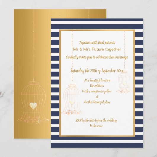 RUSTIC BIRDCAGE WHITE NAVY GOLD STRIPE 2 WEDING KAART (Voorkant / Achterkant)