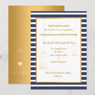 RUSTIC BIRDCAGE WHITE NAVY GOLD STRIPE 2 WEDING KAART