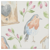 Rustic Birdhouse Robin Watercolor Pattern Stof (Close Up)