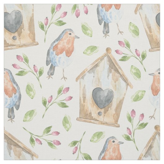 Rustic Birdhouse Robin Watercolor Pattern Stof (Swatch)