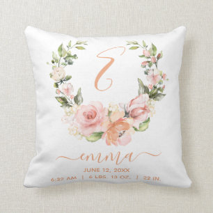 Rustic Birth Stats Peach Coral Roos Floral Wreator Kussen