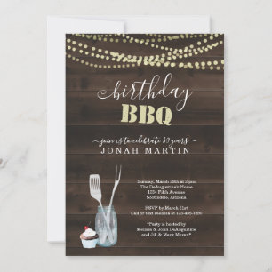 Rustic Birthday Party BBQ - Lights Wood Mason Jar Kaart