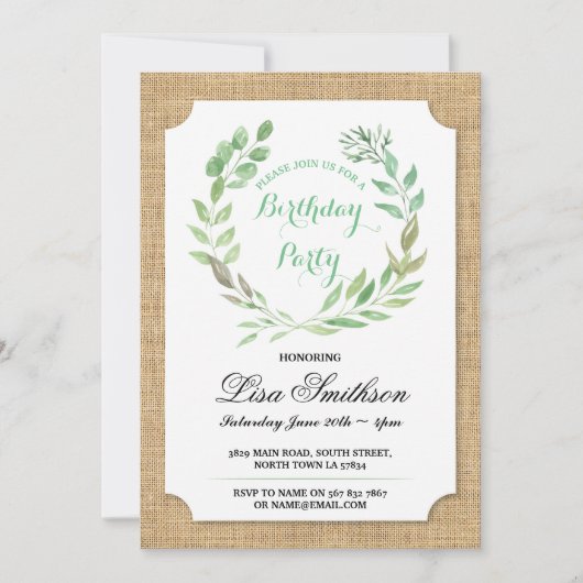Rustic Birthday Party Burlap Leaves Wreath Invite Kaart (Voorkant)