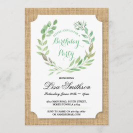 Rustic Birthday Party Burlap Leaves Wreath Invite Kaart