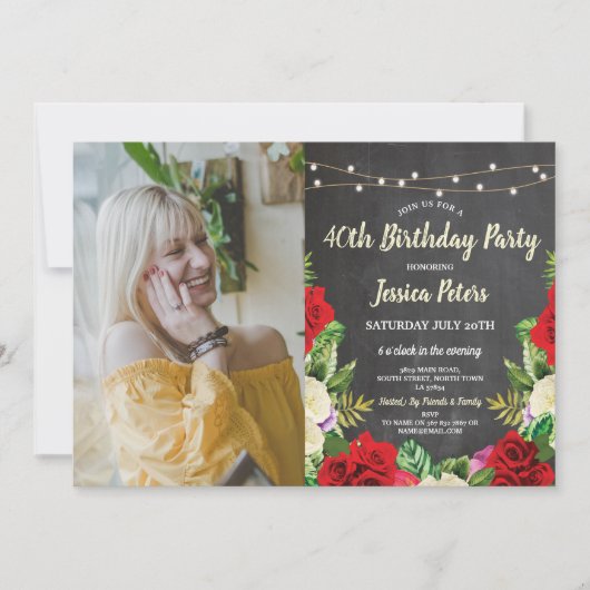 Rustic Birthday Party Chalk Red Roses Flower Photo Kaart (Voorkant)