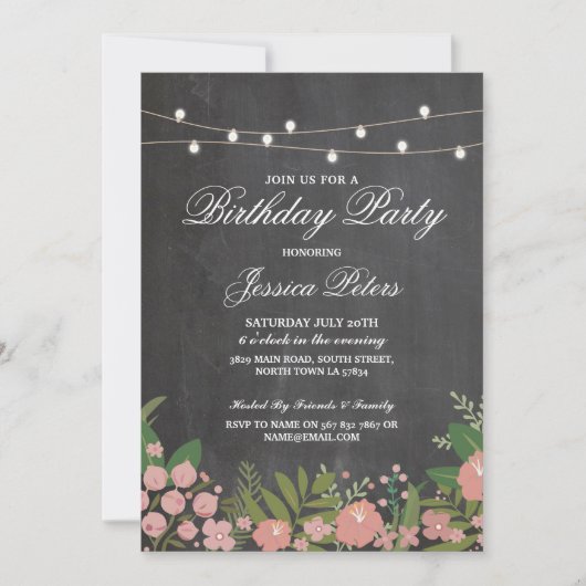 Rustic Birthday Party Coral Floral Chalk Invite Kaart (Voorkant)