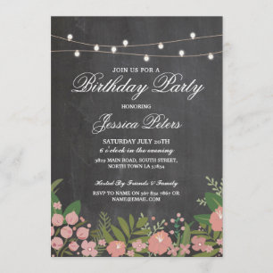 Rustic Birthday Party Coral Floral Chalk Invite Kaart