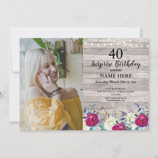 Rustic Birthday Party Foto Floral Grey Wood 40th Kaart (Voorkant)