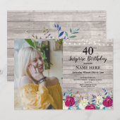 Rustic Birthday Party Foto Floral Grey Wood 40th Kaart (Voorkant / Achterkant)