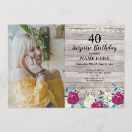 Rustic Birthday Party Foto Floral Grey Wood 40th Kaart