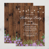 Rustic Birthday Party Paarse Floral Wood Invite Kaart (Voorkant / Achterkant)
