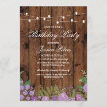 Rustic Birthday Party Paarse Floral Wood Invite