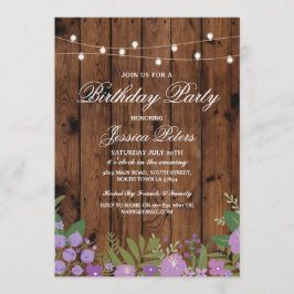 Rustic Birthday Party Paarse Floral Wood Invite Kaart