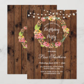 Rustic Birthday Party Wreath Flowers Wood Invite Kaart (Voorkant / Achterkant)