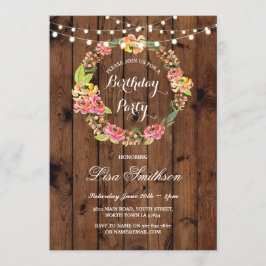 Rustic Birthday Party Wreath Flowers Wood Invite Kaart