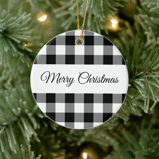 Rustic Black and White Checker Merry Kerstmis Keramisch Ornament (Boom)
