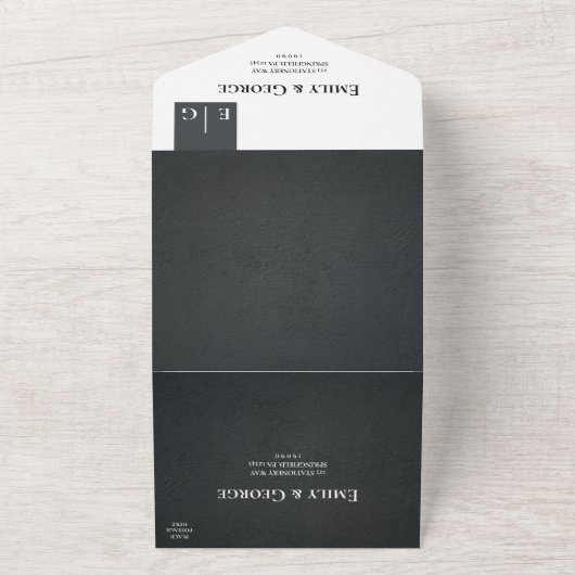 Rustic Black and White Monogram Modern Wedding All In One Uitnodiging (Buitenkant)