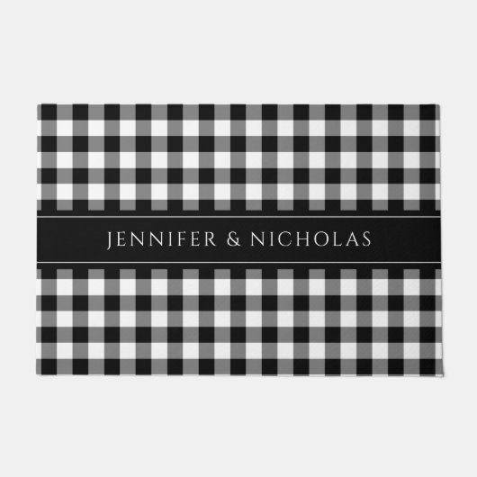 Rustic Black and White Plaid Gingham Naam Deurmat (Voorkant)