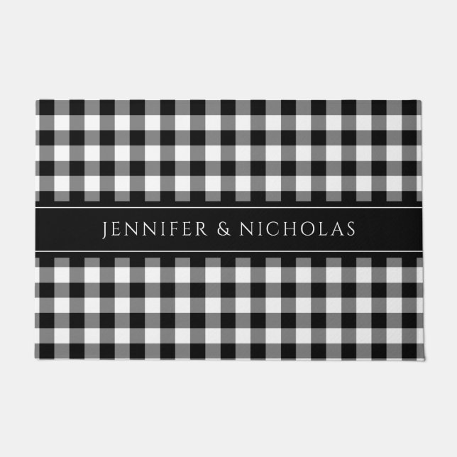 Rustic Black and White Plaid Gingham Naam Deurmat (Voorkant)