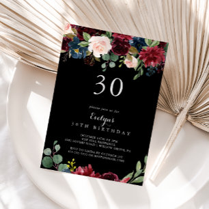 Rustic Black Botanical 30th Birthday Party Kaart