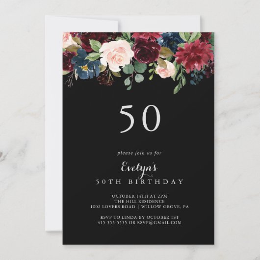 Rustic Black Botanical 50th Birthday Party Kaart (Voorkant)