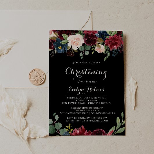 Rustic Black Botanical Christening Kaart