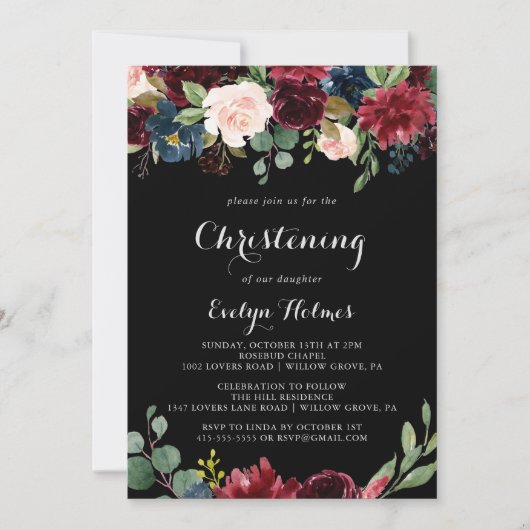 Rustic Black Botanical Christening Kaart (Voorkant)