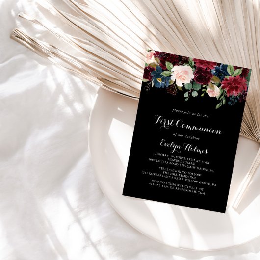 Rustic Black Botanical First Communie Kaart