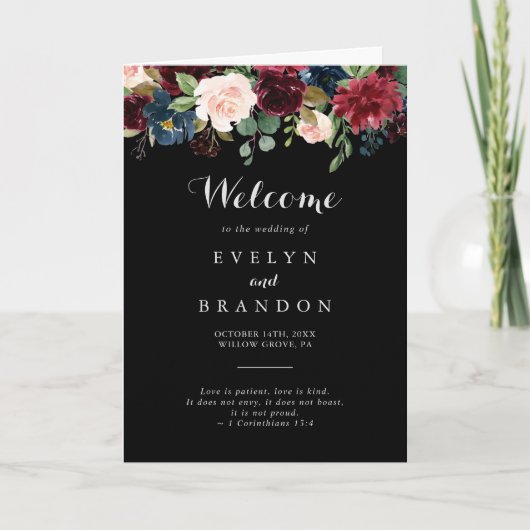Rustic Black Botanical Folded Wedding Program Programma (Voorkant)