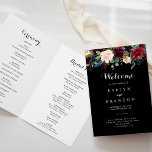 Rustic Black Botanical Folded Wedding Program Programma<br><div class="desc">Dit roestkleurige zwarte botanische gevouwen trouwprogramma is perfect voor een klassieke bruiloft. Het ontwerp is voorzien van bruine, rode, marineuze, blauwe en zwarte stralende en grijze handbeschilderde bloemen in een zwarte achtergrond, die de natuurlijke schoonheid inspireren. Omvat een citaat of een kort bericht, de orde van dienst, de trouwpartij en...</div>