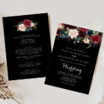 Rustic Black Botanical Front & Back Wedding Kaart<br><div class="desc">Deze rotskleurige zwarte botanische uitnodiging voor het floreren en het terugtrekken is perfect voor een klassieke bruiloft. Het ontwerp is voorzien van bruine, rode, marineuze, blauwe en zwarte stralende en grijze handbeschilderde bloemen in een zwarte achtergrond, die de natuurlijke schoonheid inspireren. Bespaar papier door meer informatie op de achterkant van...</div>