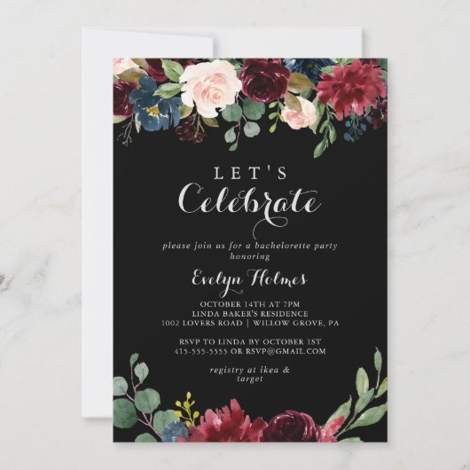 Rustic Black Botanical Let's Celebrate Party Kaart (Voorkant)
