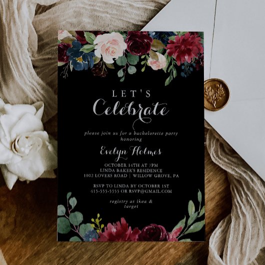 Rustic Black Botanical Let's Celebrate Party Kaart
